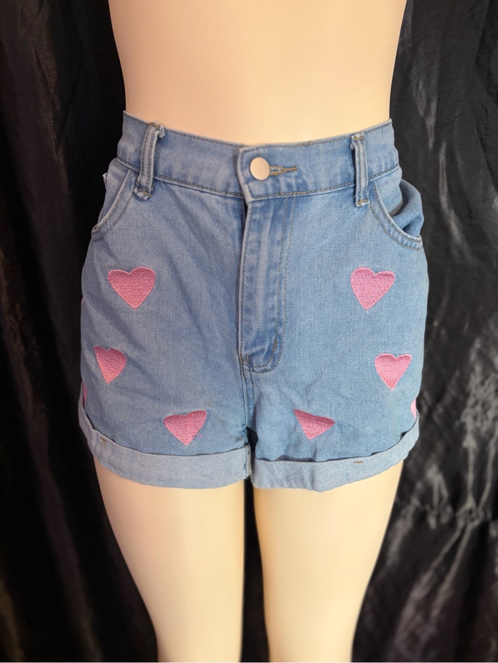 Denim High-Waist Shorts with Pink Heart Embroidery